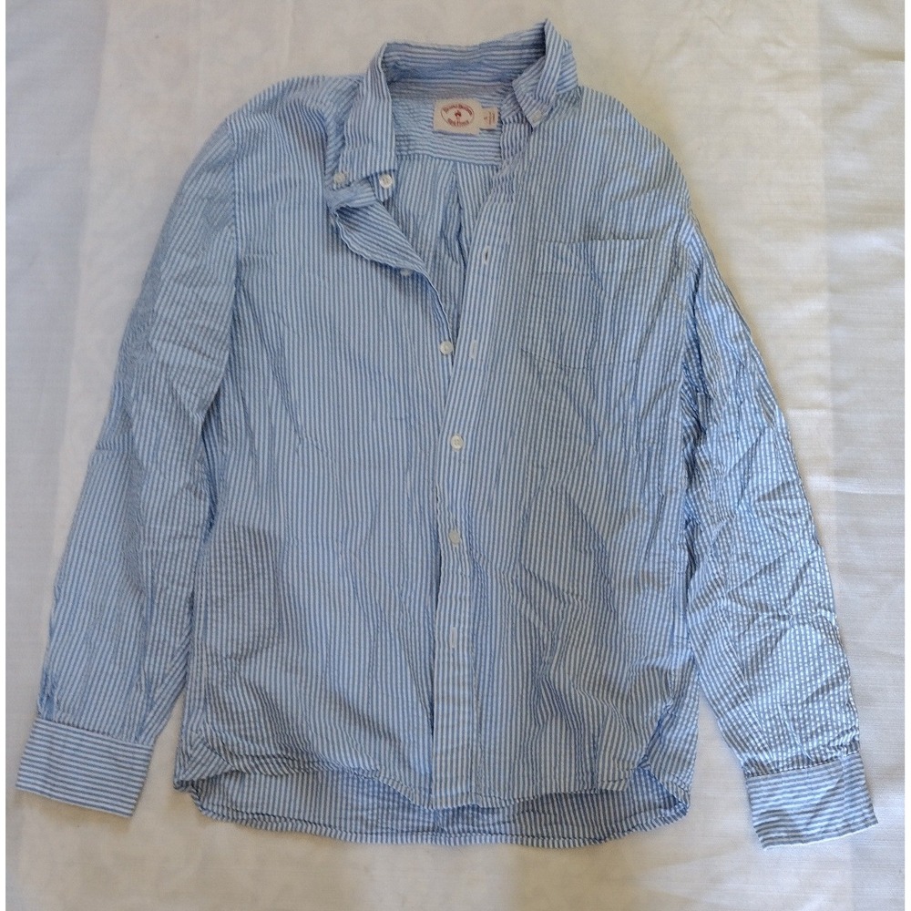 Brooks Brothers Red Fleece Women's Small Blue White Striped Seersucker Shirt